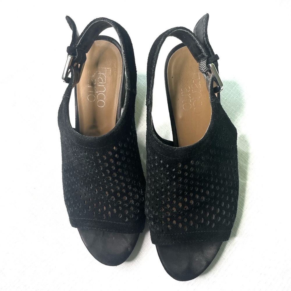 Franco Sarto Monaco Black Suede Laser Cut Slingback Sandals Size 6.5